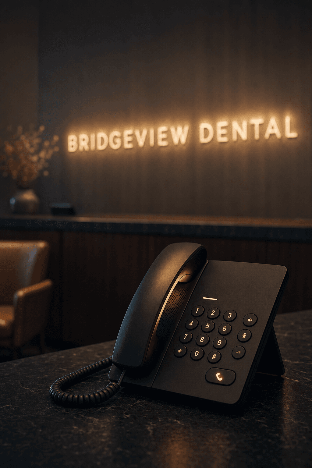 An after-hours Bridgeview Dental reception desk with a single phone glowing amber as Pearl answers an incoming call
